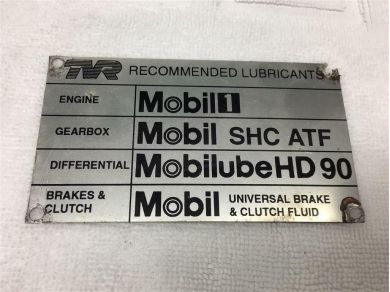 TVR Chimaera Recommended Lubricants Tag - TVR Mobil 1 Tag - TVR VIN Tag